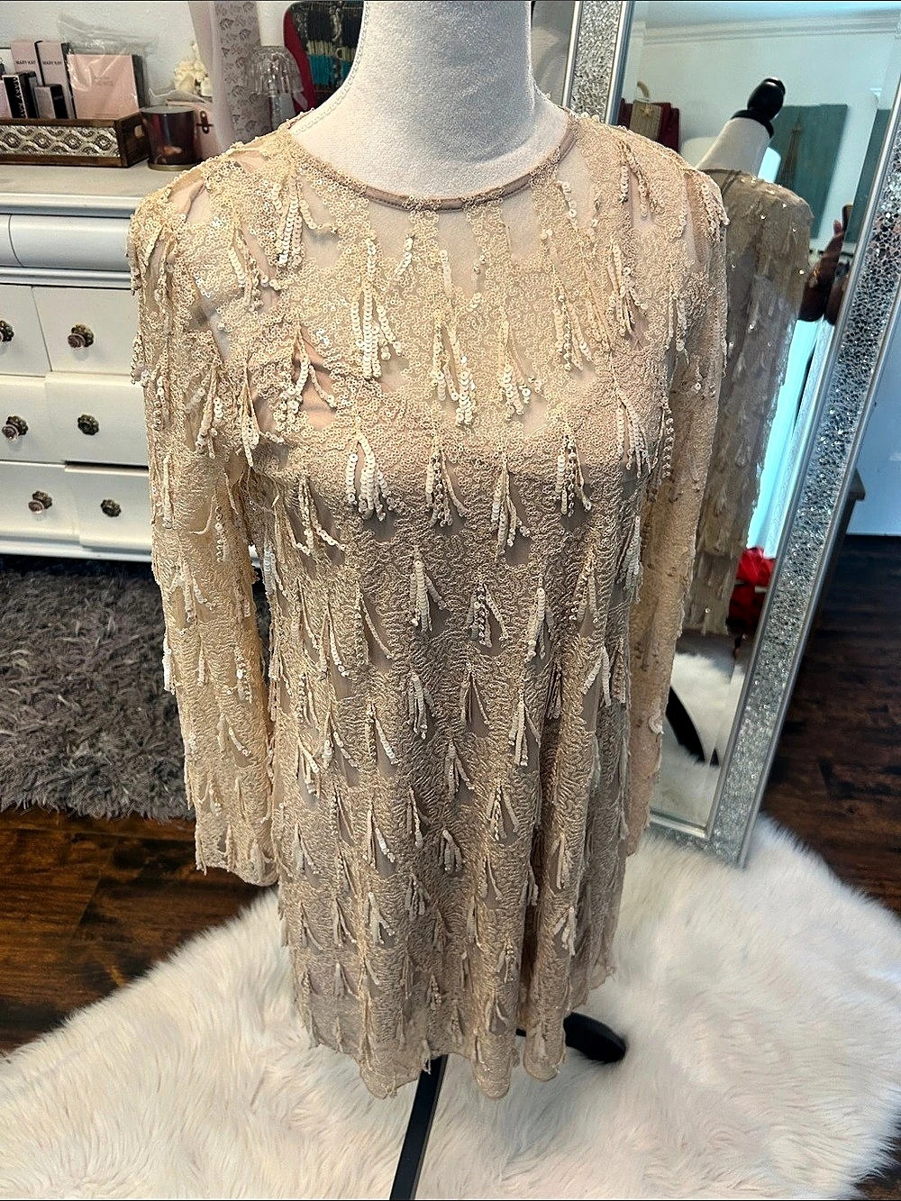 Zara size small Beaded Mini Dress in Beige